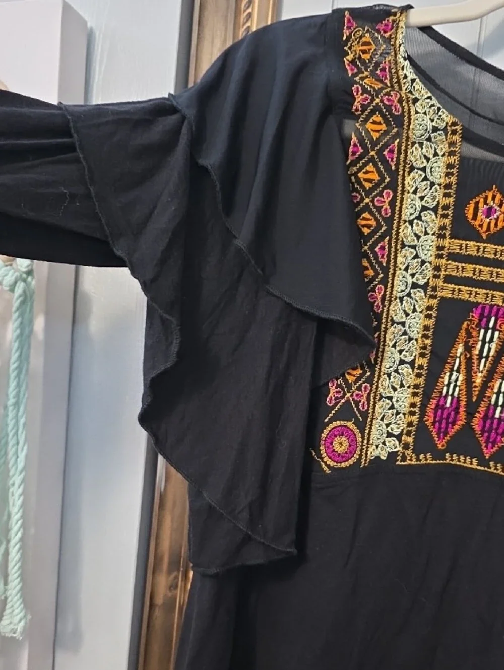 Free People Black Blouse with Multicolor Embroidered Yoke